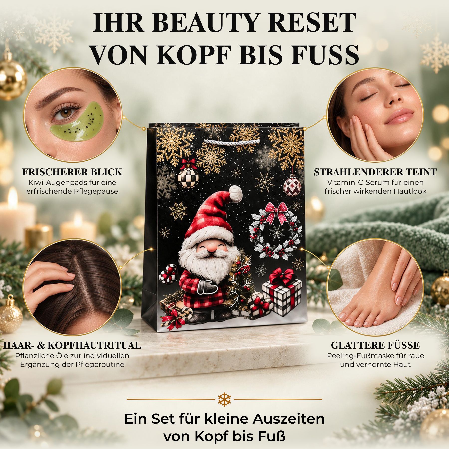 Panoramica di un beauty box con prodotti per la cura del viso e dei piedi.