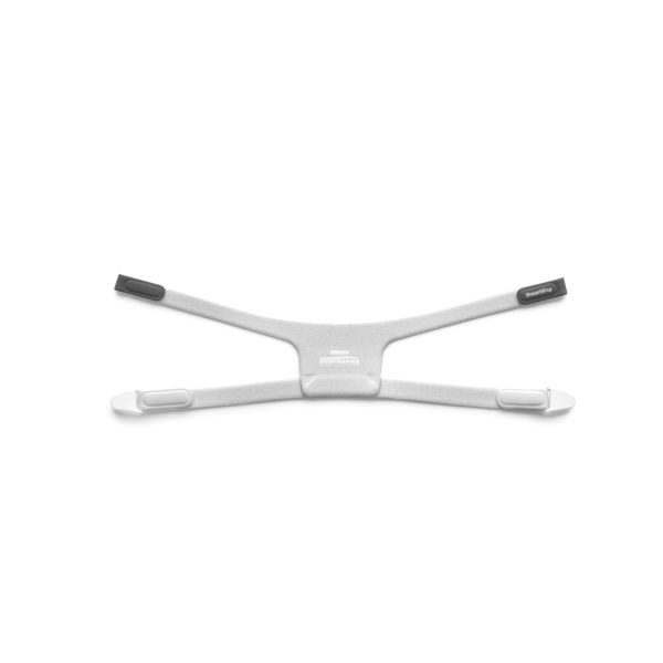 Fascia per maschera CPAP grigia con chiusure in velcro e logo discreto.