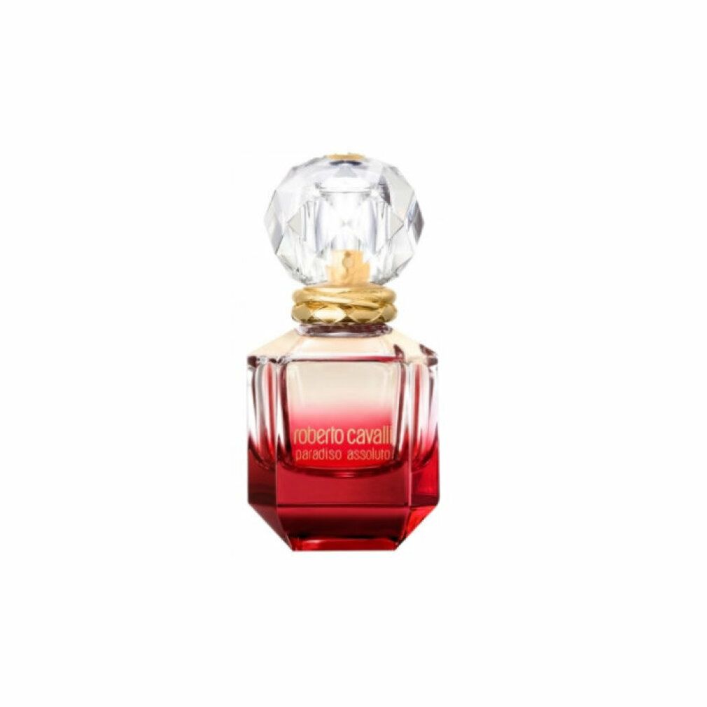 Flacone di profumo ottagonale con liquido rosso, tappo di cristallo. Scritta: Roberto Cavalli Paradiso Assoluto.