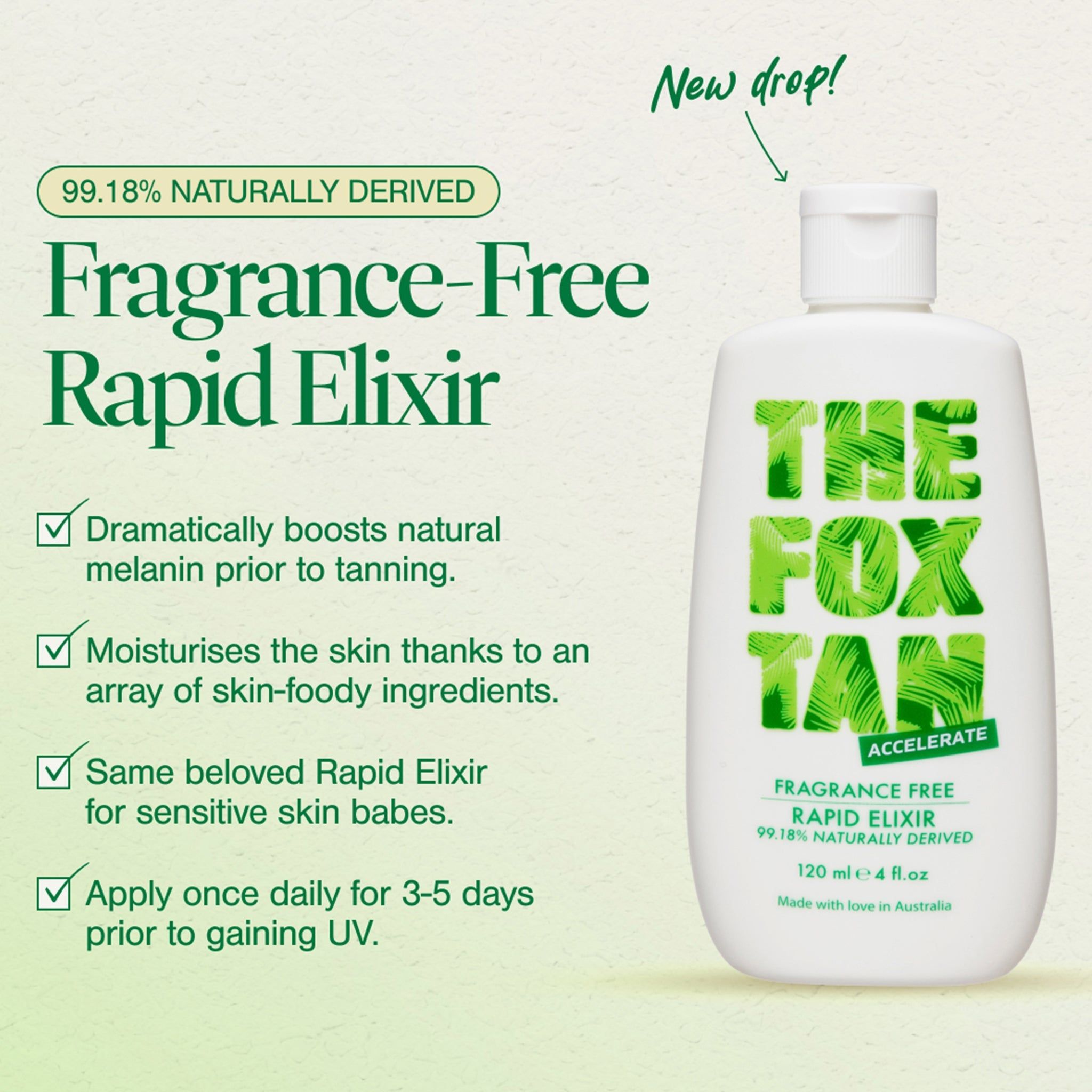 The Fox Tan Fragrance Free Rapid Tanning Elixir, Melanin Booster, abbronzatura rapida, 120ml