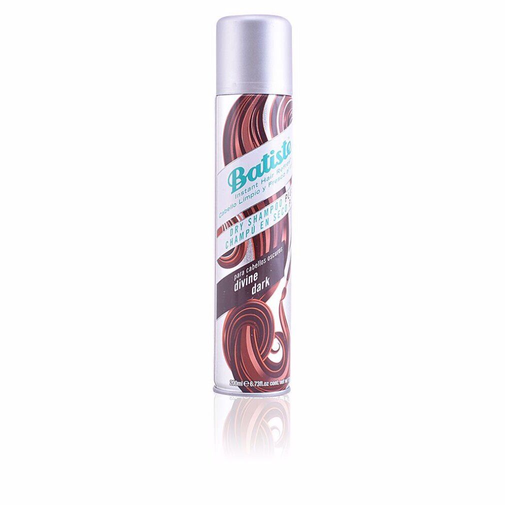Batiste Shampoo Secco Dark. Flacone con riccioli marroni e testo. Tappo argentato.