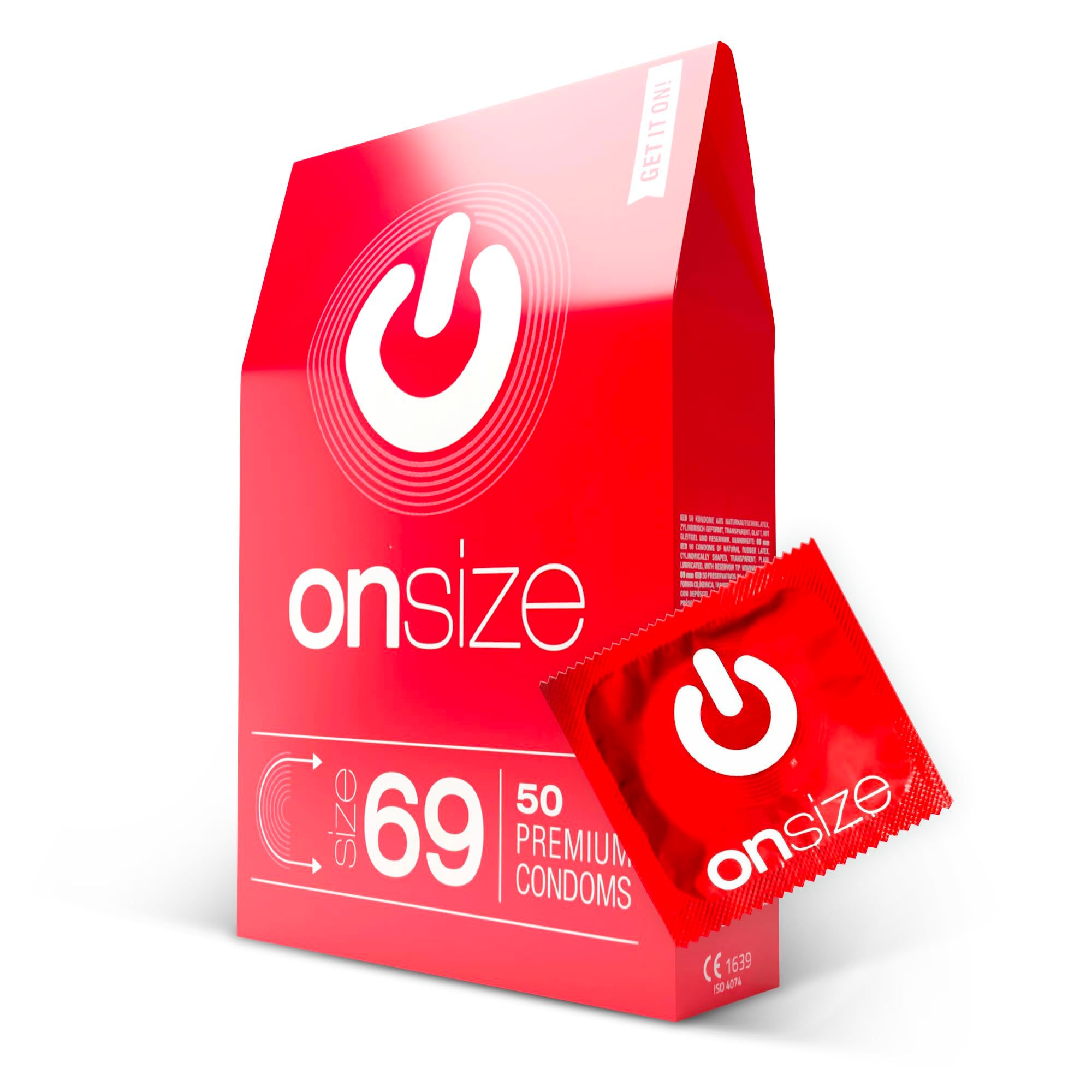 Scatola rossa ONsize 69 mm con una singola bustina di preservativo. 50 preservativi premium.