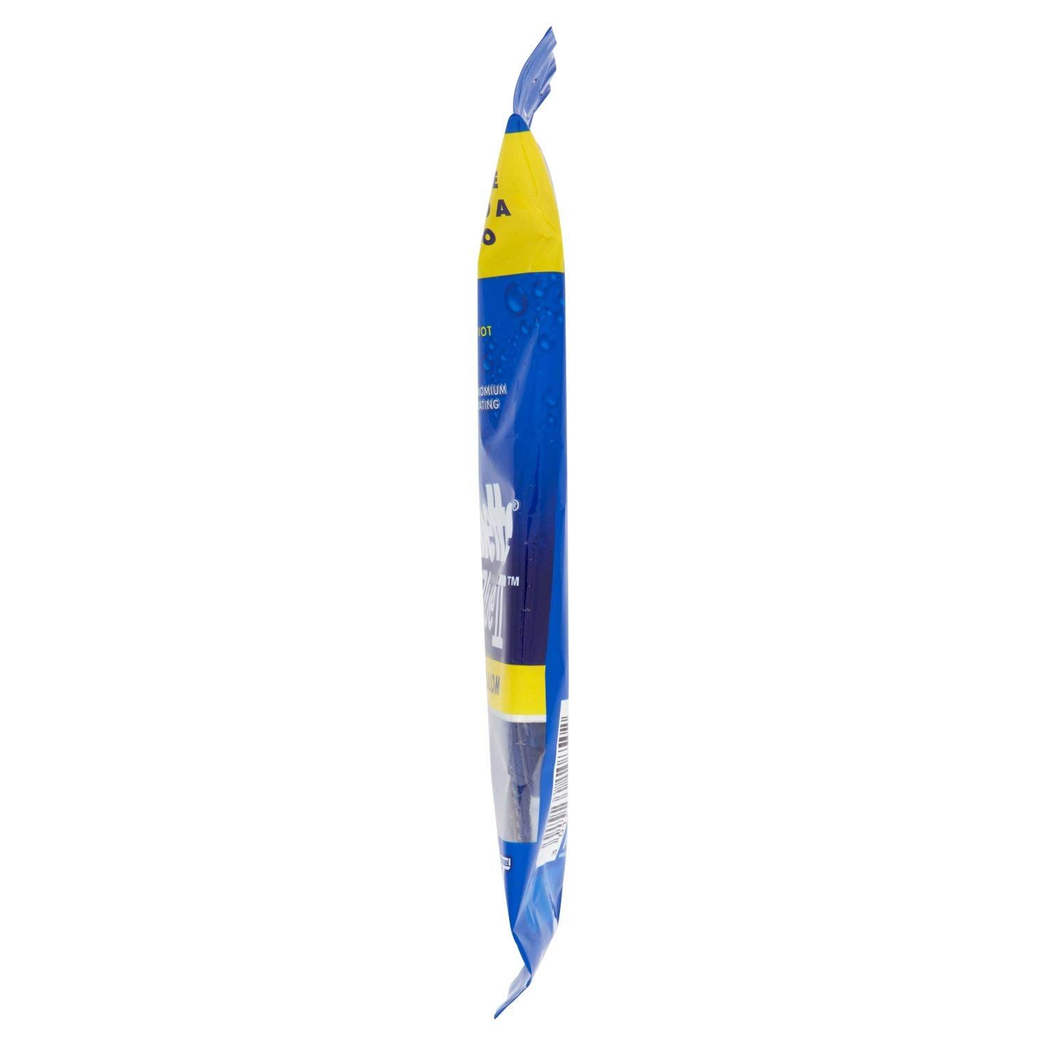 Confezione blu, vista laterale. Area gialla con testo. Contiene rasoi.