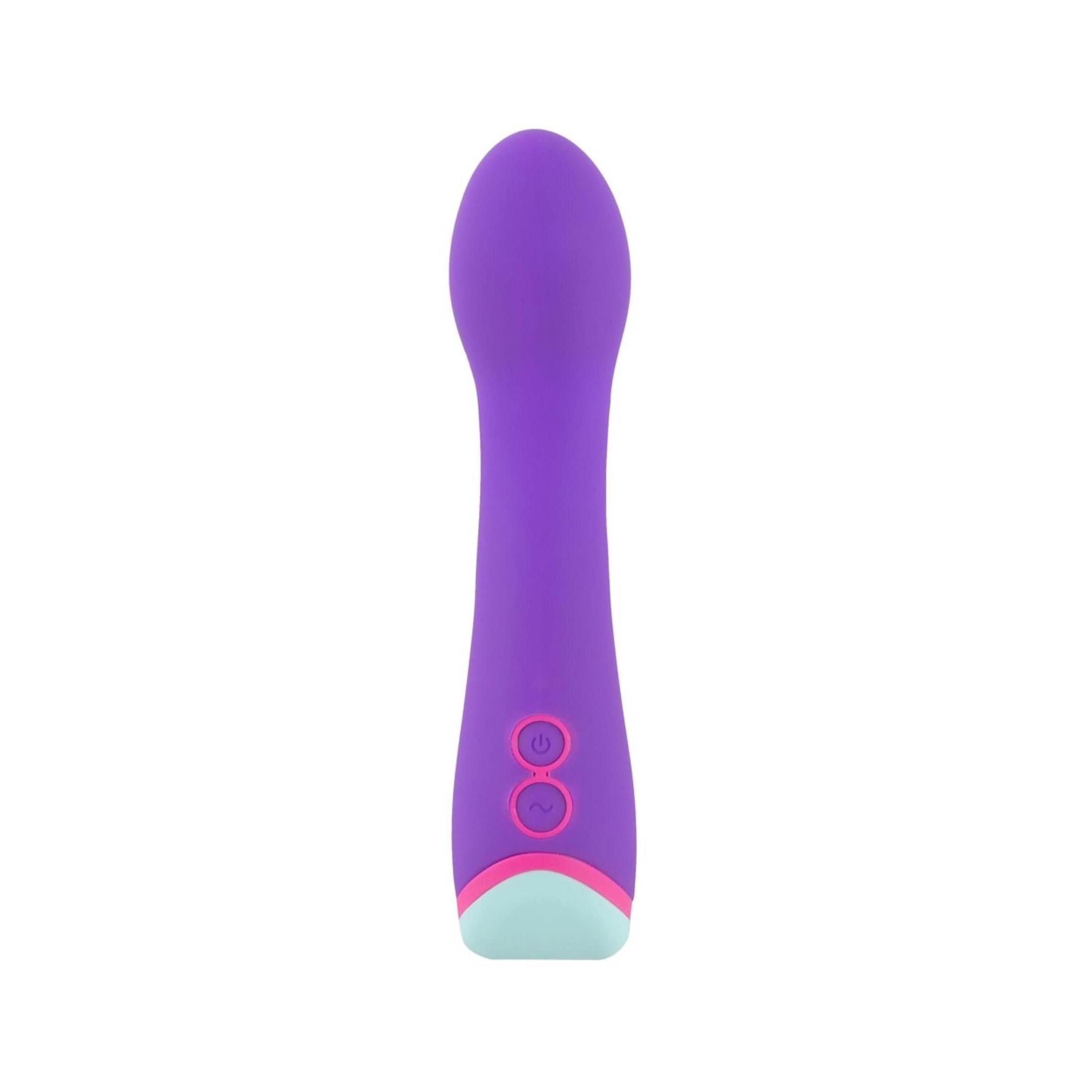 Vibratore viola dritto. Due pulsanti, accenti rosa e azzurro chiaro all'estremità.
