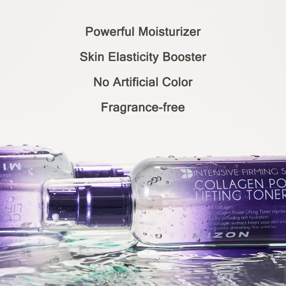 Due bottiglie di MIZON Collagen Power Lifting Toner nell'acqua. Testo: Powerful Moisturizer, Skin Elasticity Booster, No Artificial Color, Fragrance-free.