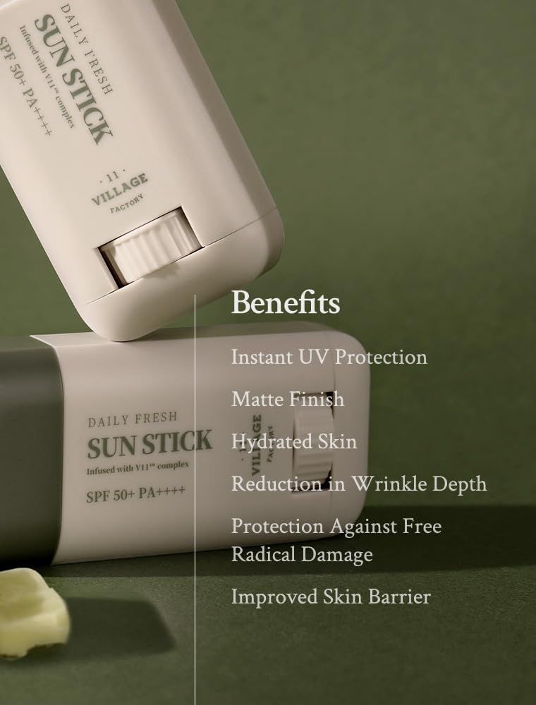 Daily Fresh Sun Stick. Testo: Vantaggi. Protezione UV istantanea, finitura opaca, pelle idratata, riduzione delle rughe.