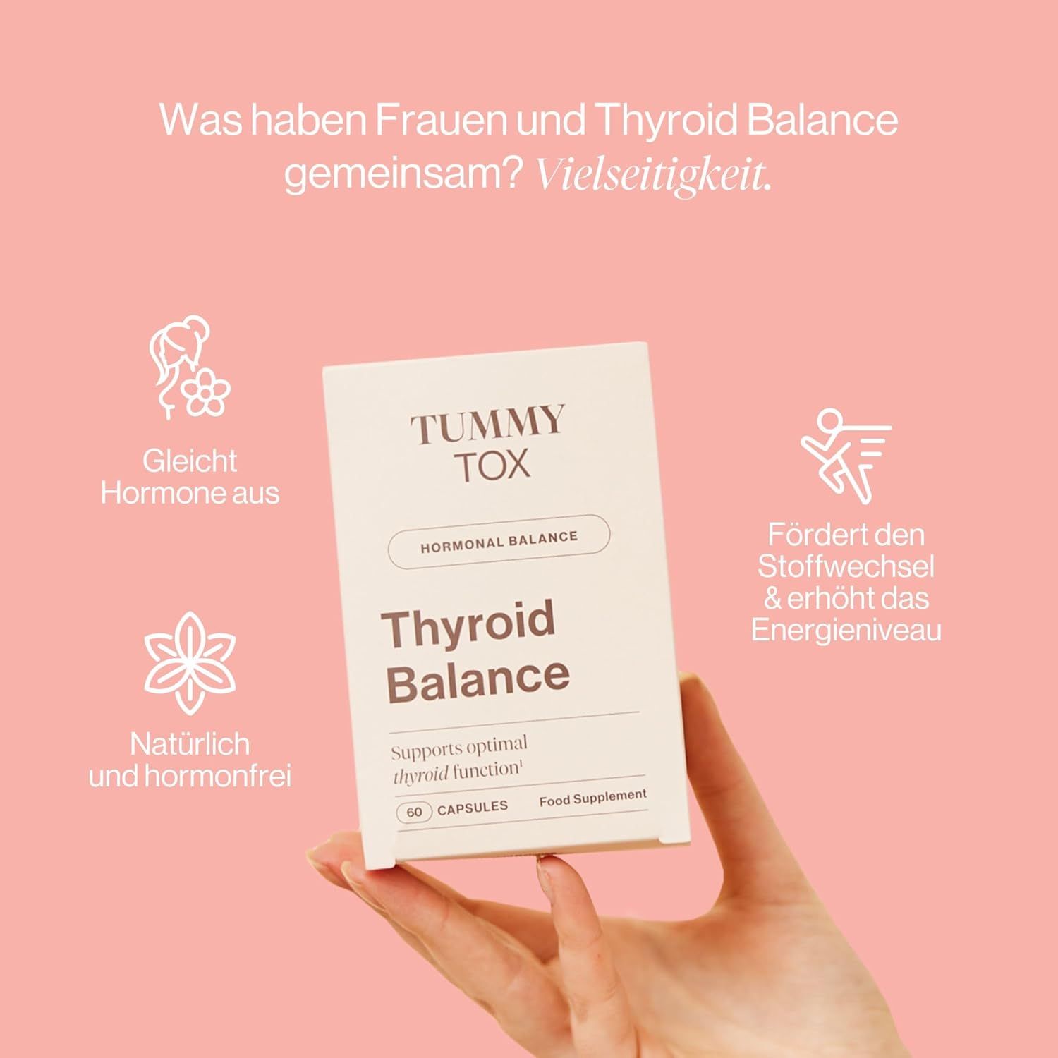 Mano che tiene una scatola. Scritta: TUMMY TOX, Thyroid Balance, Hormonal Balance, 60 capsule, integratore alimentare.