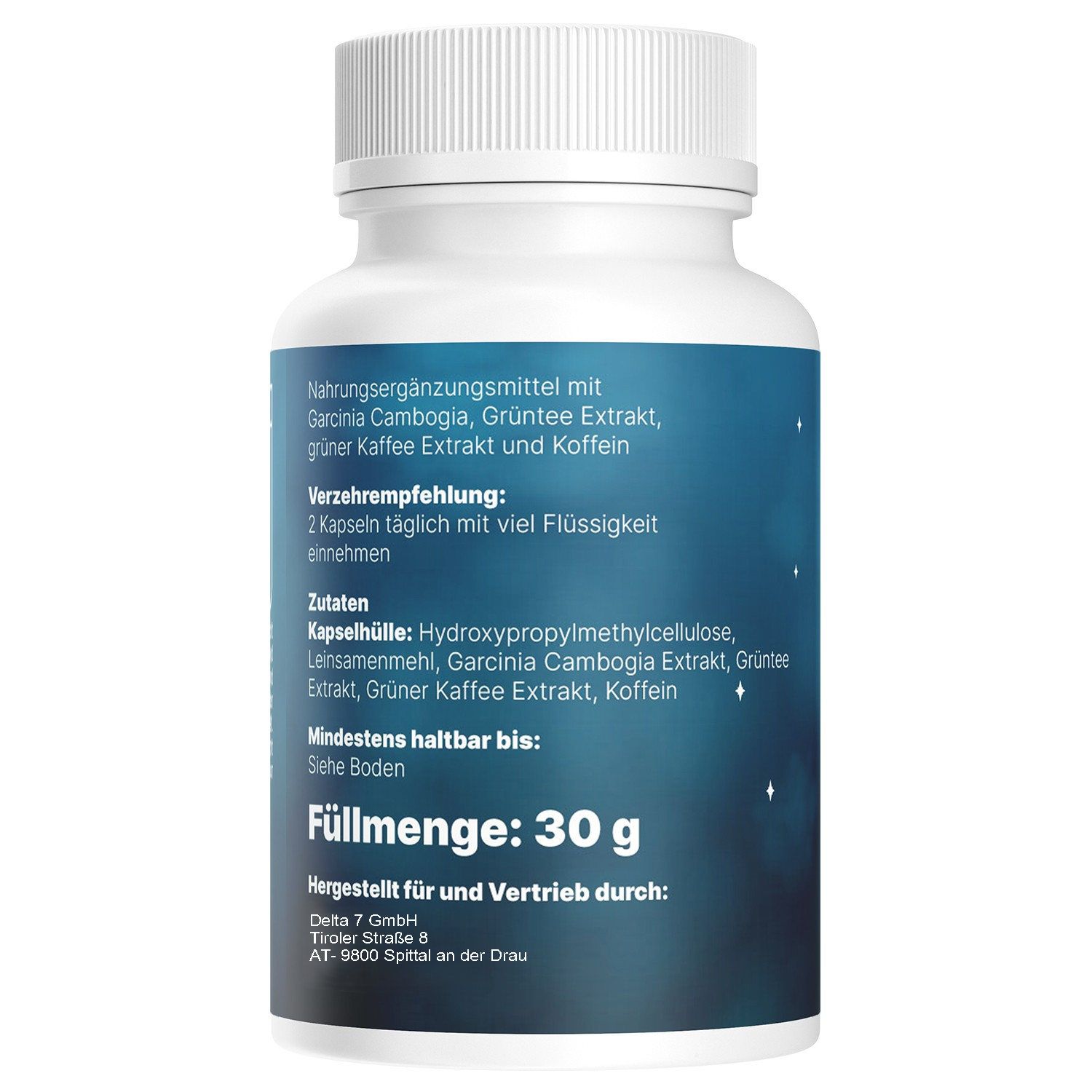 Retro del flacone bianco. Testo: Integratore alimentare con ingredienti. Contenuto: 30 g. Informazioni produttore.