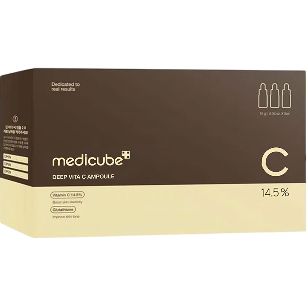 Confezione MEDICUBE Deep Vita C Ampoule. Testo: C 14,5%, Boost skin elasticity, Improve skin tone. 3 flaconi.