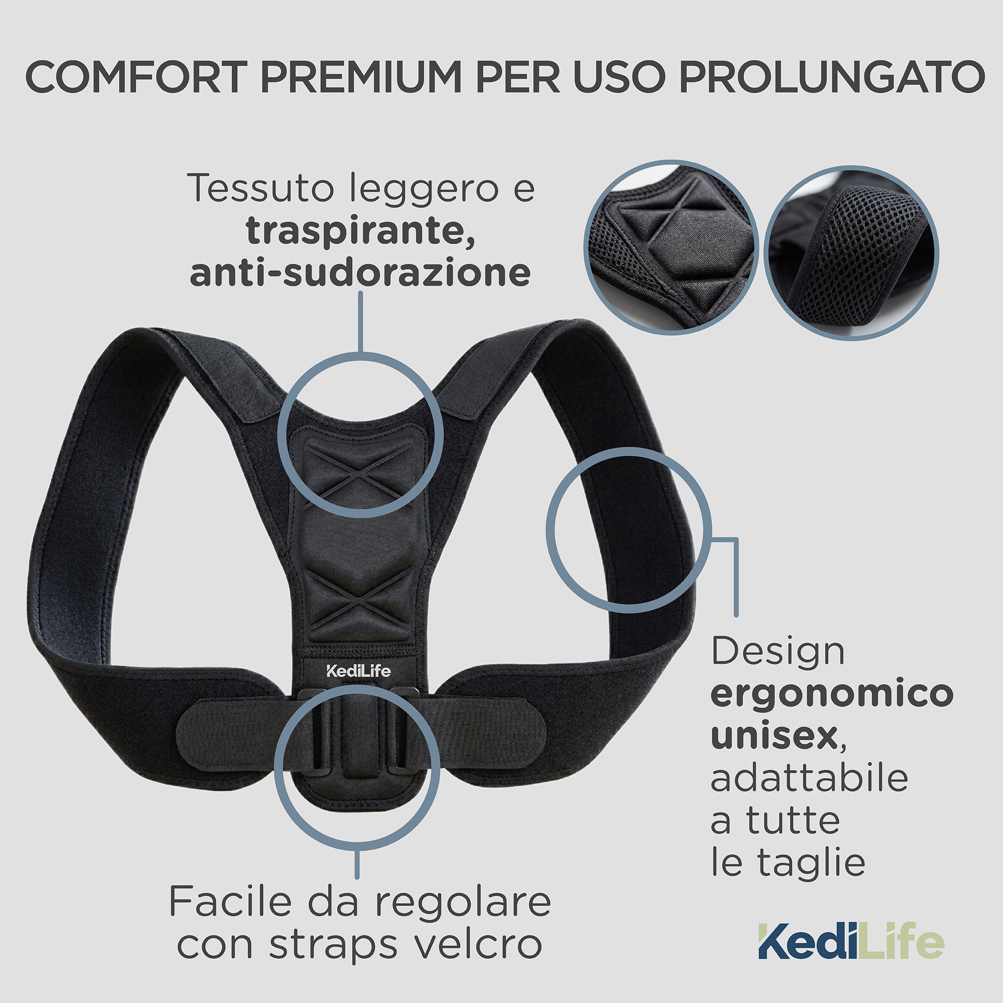 Correttore posturale KediLife nero. Design ergonomico, tessuto traspirante. Logo KediLife.