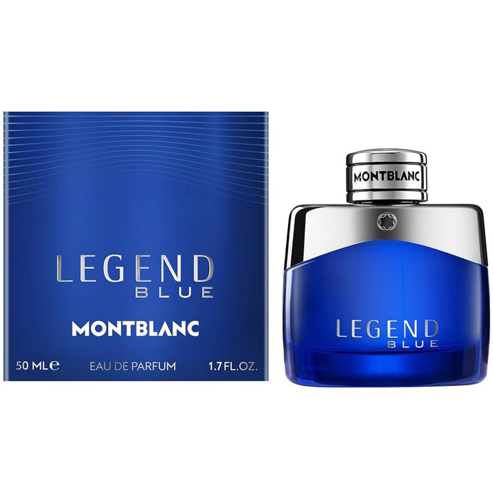 Flacone e scatola blu Montblanc Legend Blue. Flacone con tappo argentato. Scritta: Legend Blue, 50 ml.