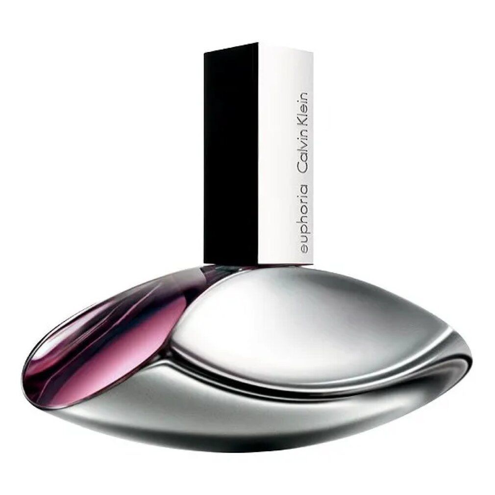 Flacone argentato con tappo nero. Scritta Euphoria Calvin Klein.