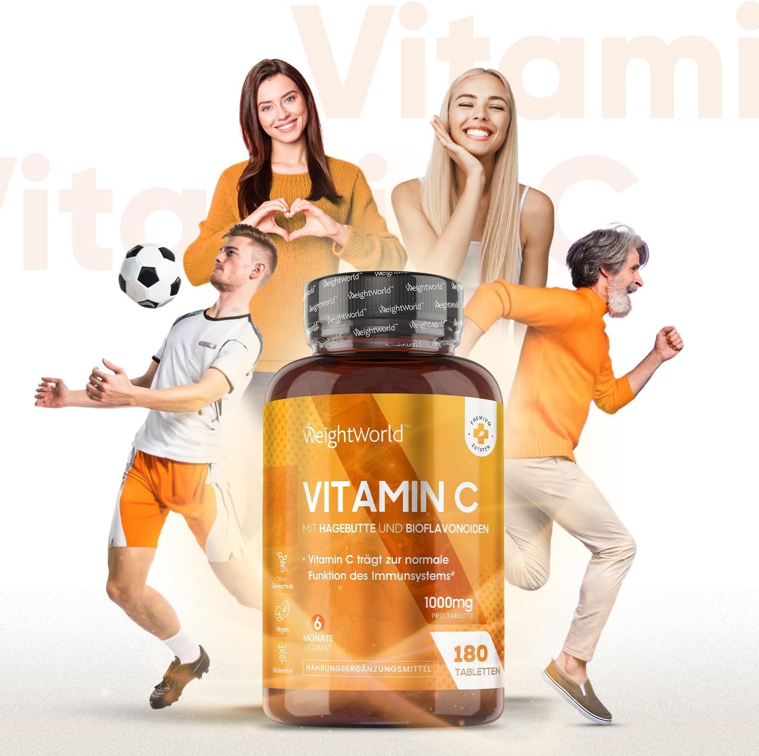 Persone di diverse età e livelli di attività. Al centro: flacone di vitamina C. Scritta: WeightWorld, Vitamin C, 1000mg.