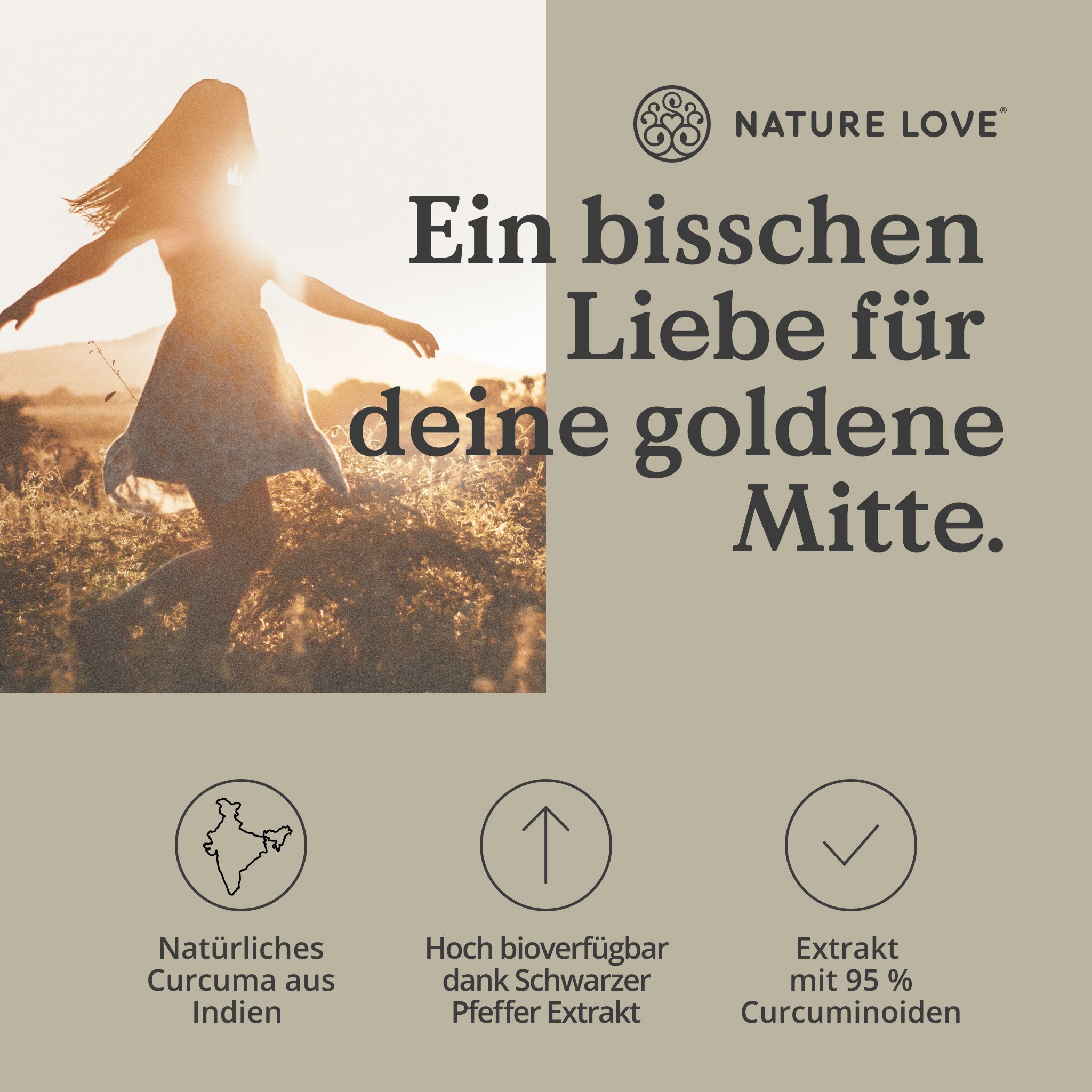 Testo con icone: Curcuma naturale dall'India, alta biodisponibilità grazie all'estratto di pepe nero, estratto con 95% di curcuminoidi.