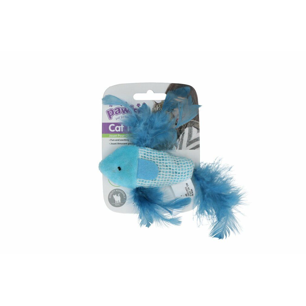 Giocattolo per gatti a forma di pesce blu con piume. Confezione blister con nome e logo del prodotto.
