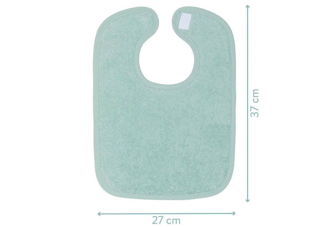 Bavaglino in spugna azzurra. Dimensioni: 27 x 37 cm. Forma rettangolare, angoli arrotondati. Chiusura in velcro.