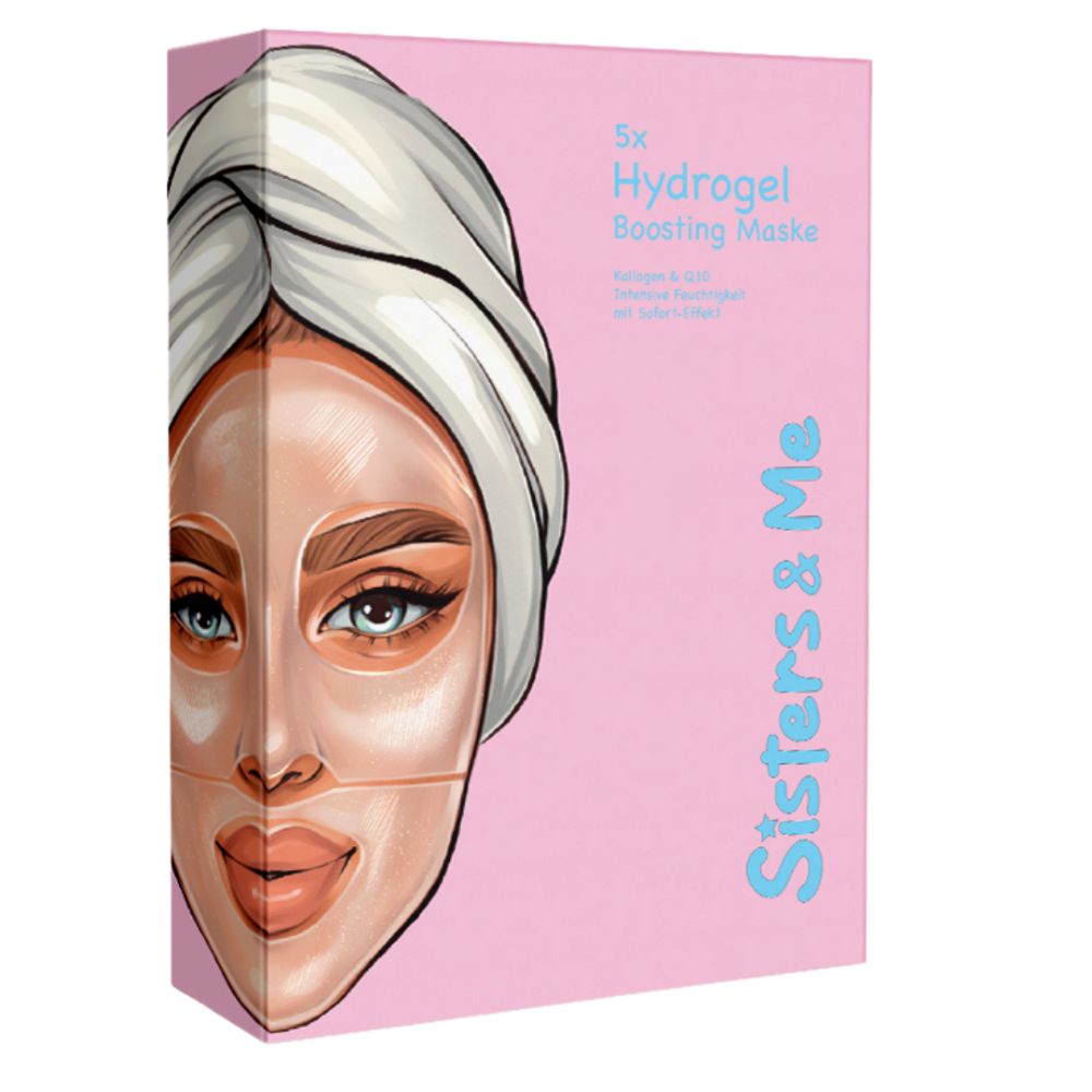 Confezione rosa con volto e scritta "Sisters & Me". Testo: "5x Hydrogel Boosting Maske".