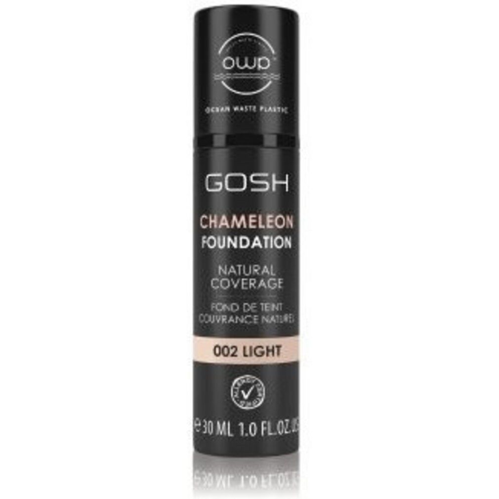 Gosh Chameleon Foundation, 002 Light. Tubo nero con informazioni e certificazione. 30 ml.