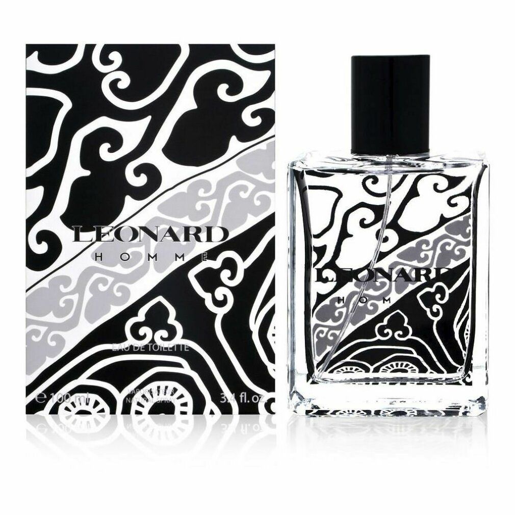 Flacone e confezione di Leonard Homme Eau de Toilette. Motivo nero e grigio. Tappo nero. Scritta: Eau de Toilette.