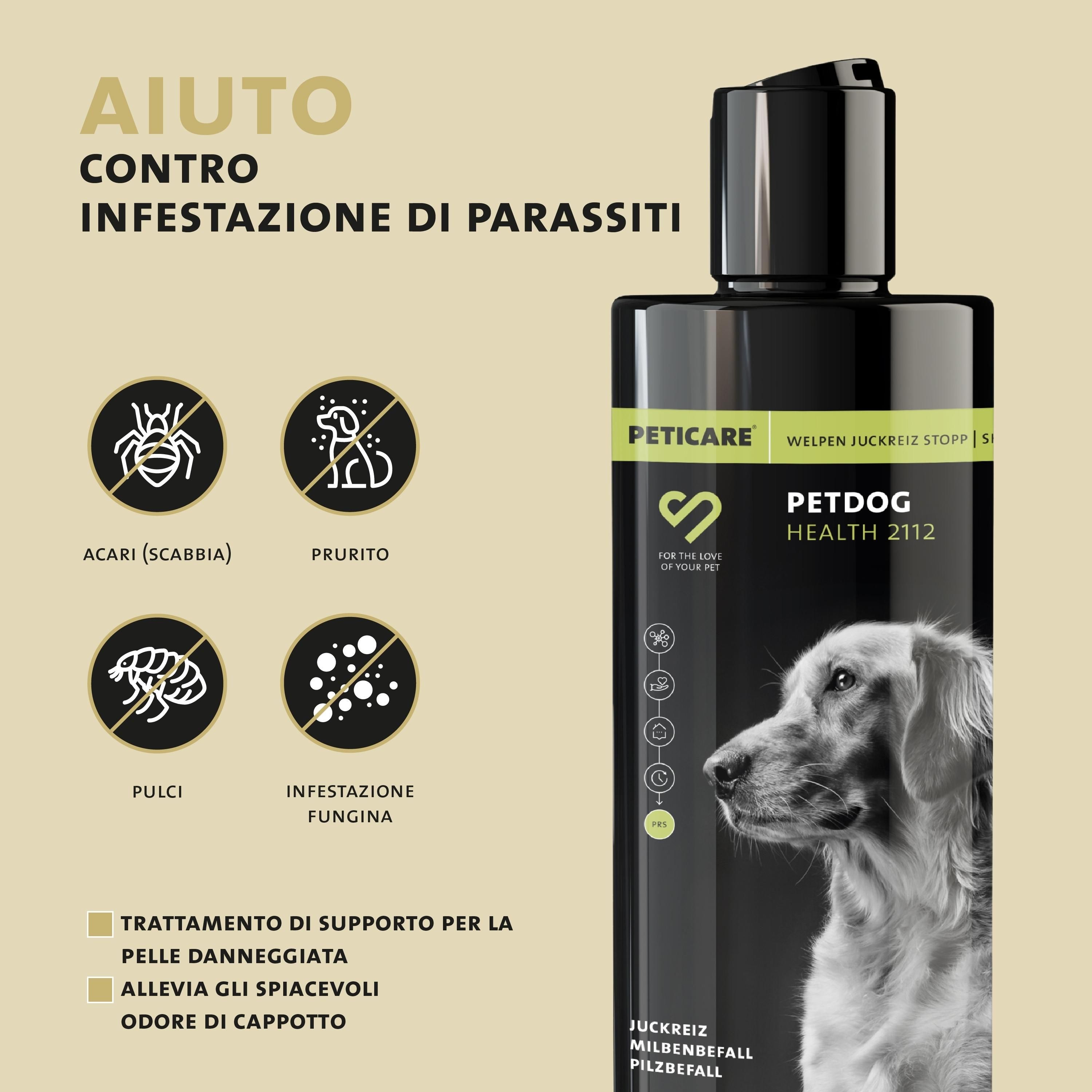 Bottiglia. Testo: HILFE GEGEN INFEZIONE DI PARASSITI. Testo: PETDOG HEALTH 2112. Loghi: Acari, pulci, infezione fungina, prurito.