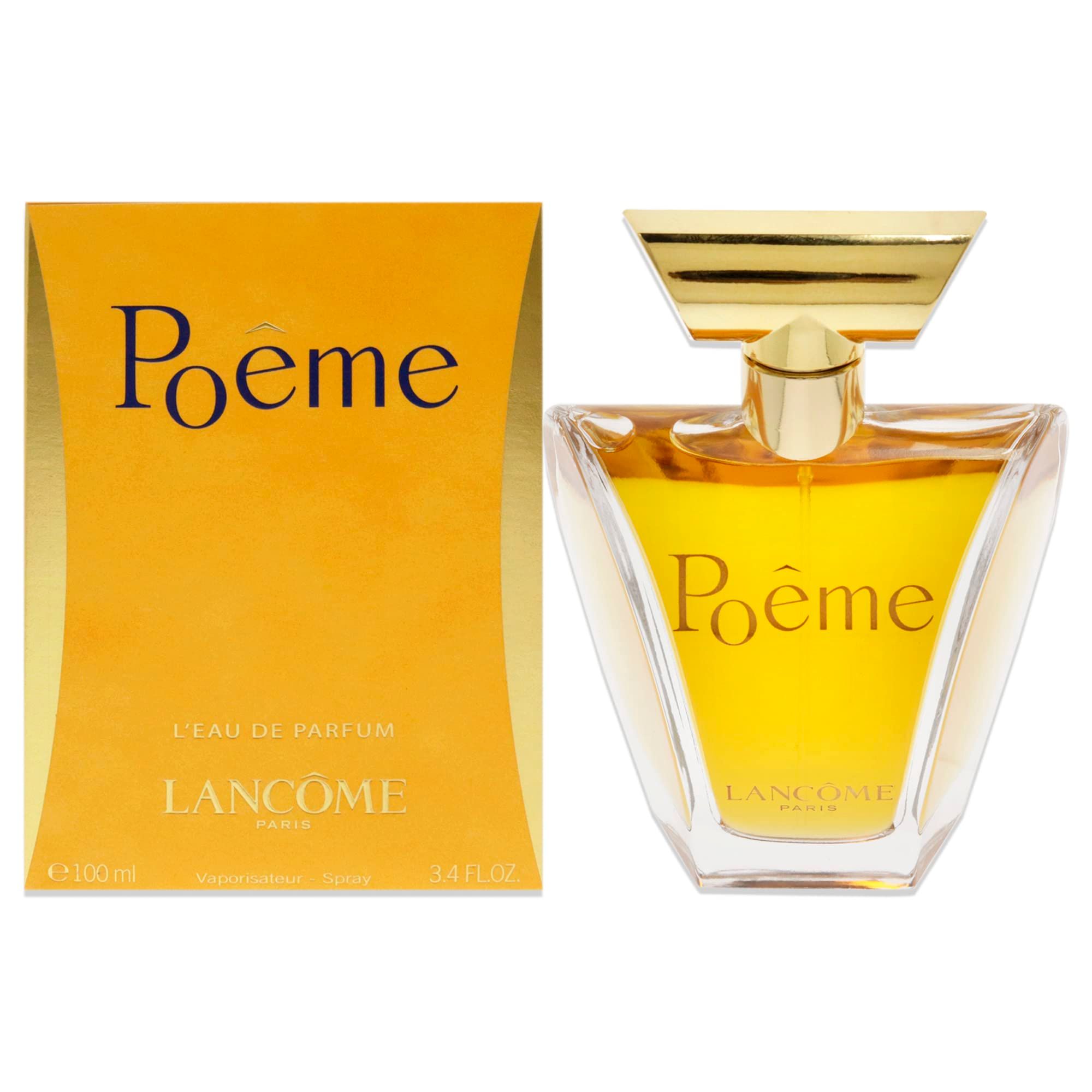 Scatola e flacone gialli. Scritte "Poême" e "Lancôme". Flacone con tappo dorato. Flacone in vetro trasparente.