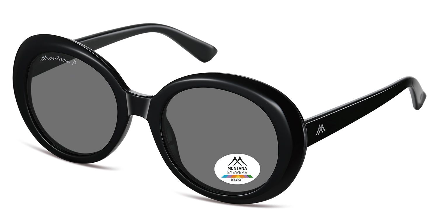 Occhiali da sole neri con lenti rotonde. Logo Montana Eyewear sulla lente e sulle aste. Lenti polarizzate.