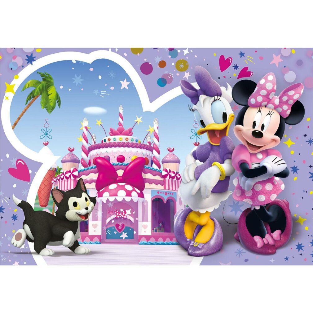 Puzzle con Minnie, Paperina e gatto davanti a un castello. 30 pezzi. Marca: Clementoni. Per bambini dai 3 anni in su.