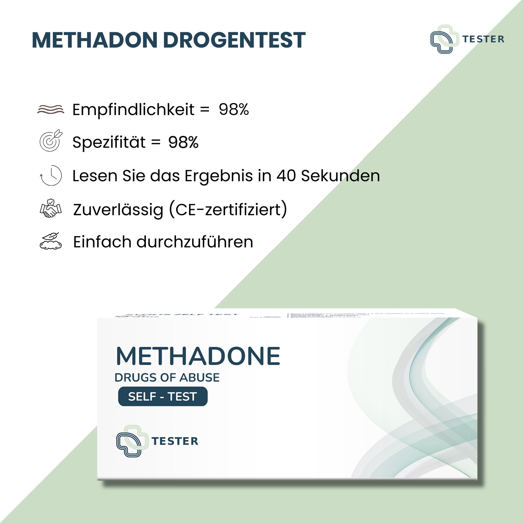 Confezione prodotto con testo "METHADON DROGENTEST". Testo: Sensibilità 98%, Specificità 98%, Risultato in 40 secondi, Certificato CE.