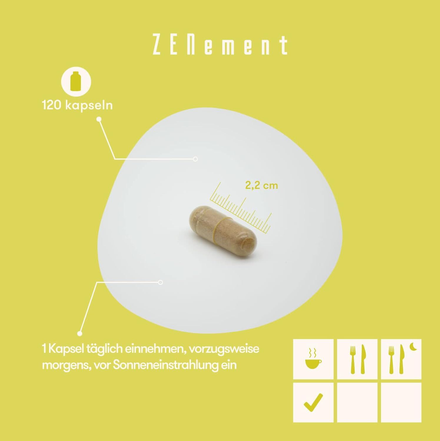 Capsula su sfondo bianco. Scritta: 120 capsule. Dimensioni: 2,2 cm. Testo: 1 capsula al giorno, prima dell'esposizione solare.