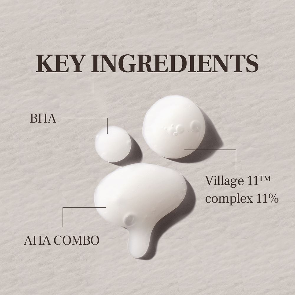 Primo piano di tre gocce. Didascalie: BHA, AHA COMBO, Village 11™ complex 11%.