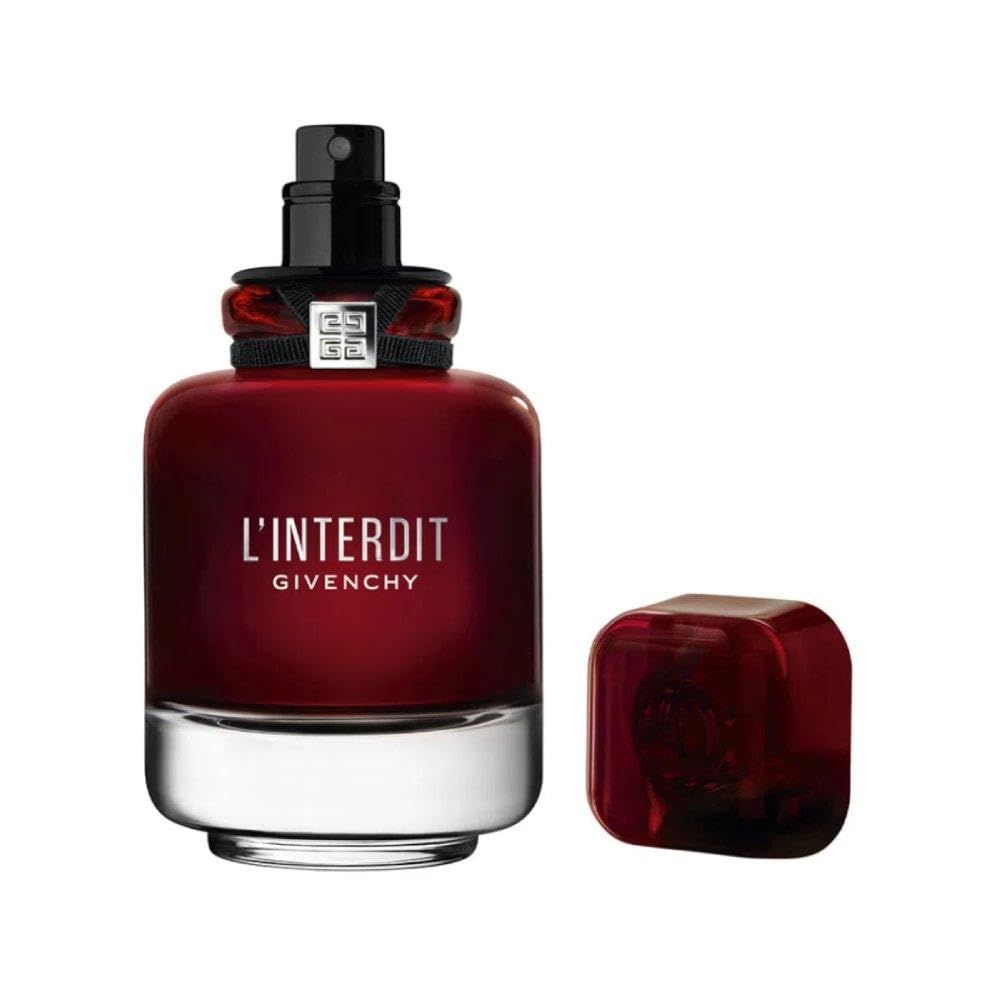 Flacone rosso con tappo nero. Scritta: L'Interdit Givenchy. Tappo accanto.