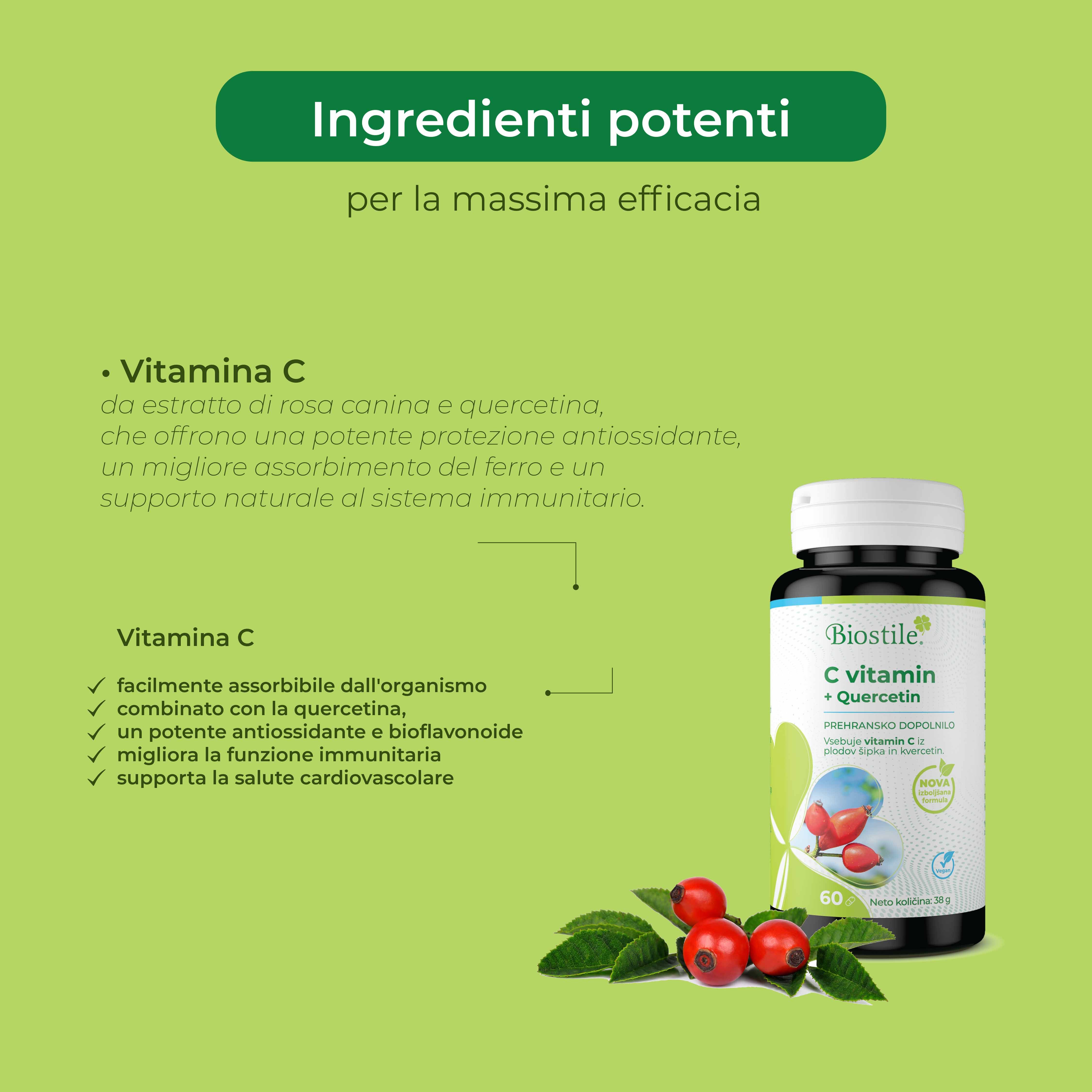 Flacone del prodotto con testo: Biostile C vitamin + Quercetin. Ingredienti: Vitamina C, estratto di rosa canina, quercetina. Immagine di rosa canina.