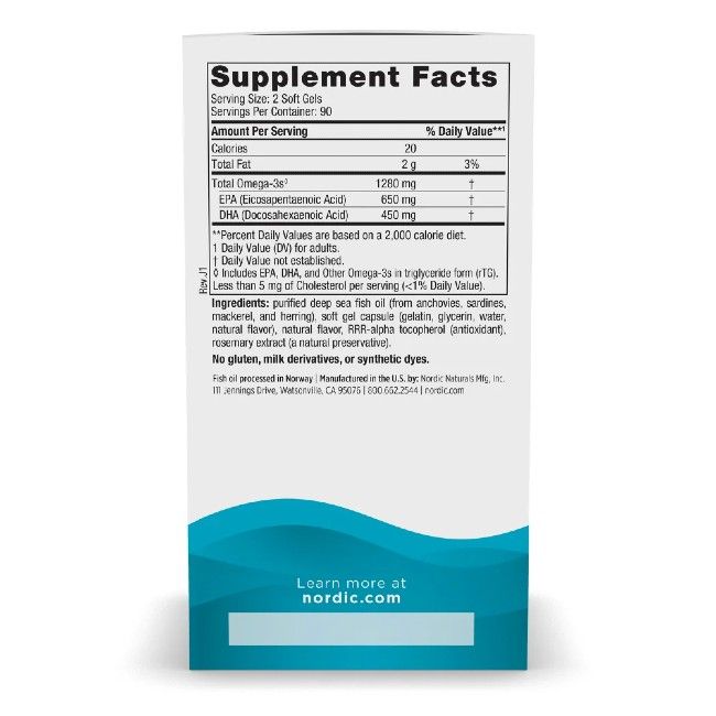 Nordic Naturals Ultimate Omega: Informazioni nutrizionali, 180 capsule molli, 1280 mg di Omega-3 per 2 capsule.