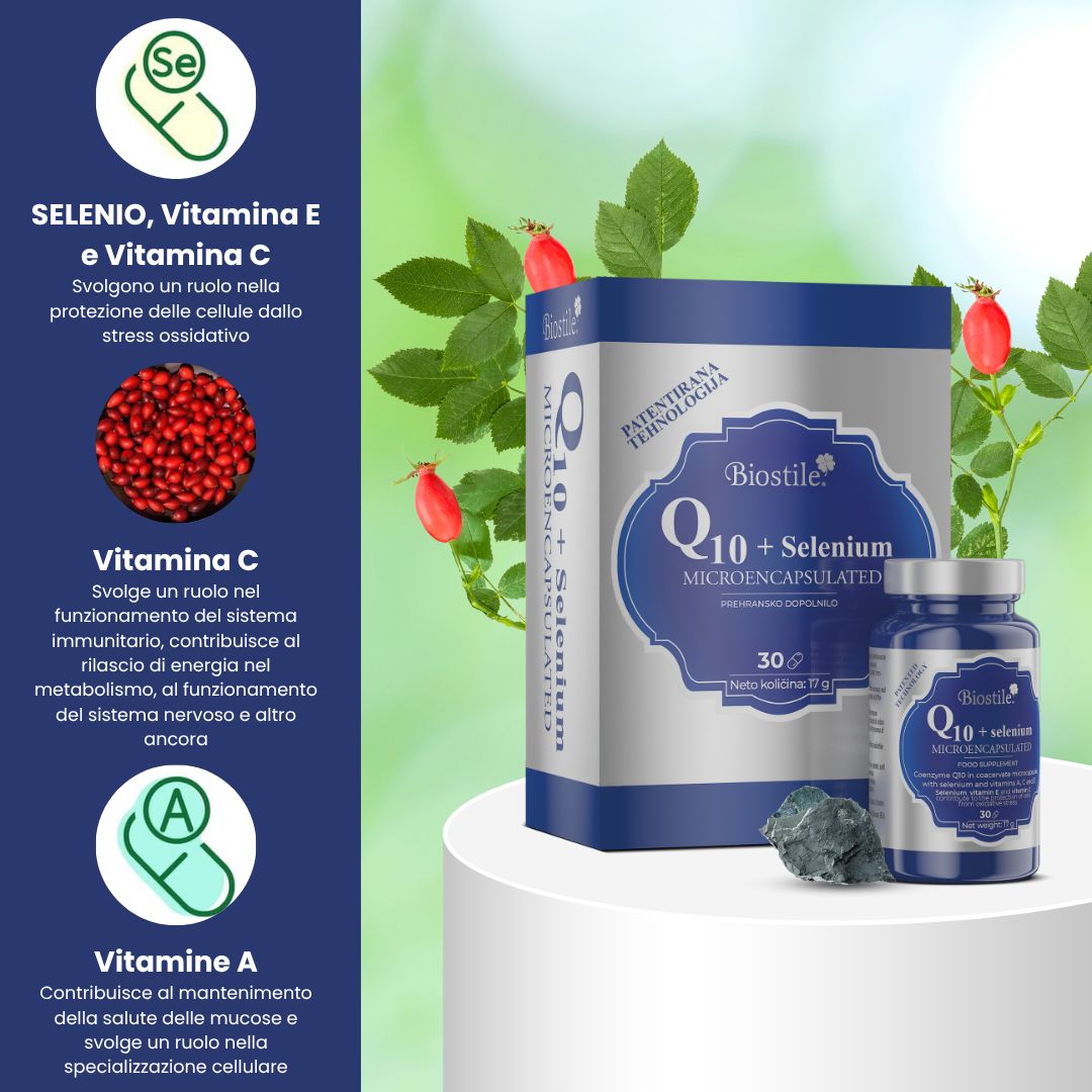 Confezione e bottiglia del prodotto. Testo: BMT Q10 + Selenium Microencapsulated. Testo in italiano. Ingredienti e testo.