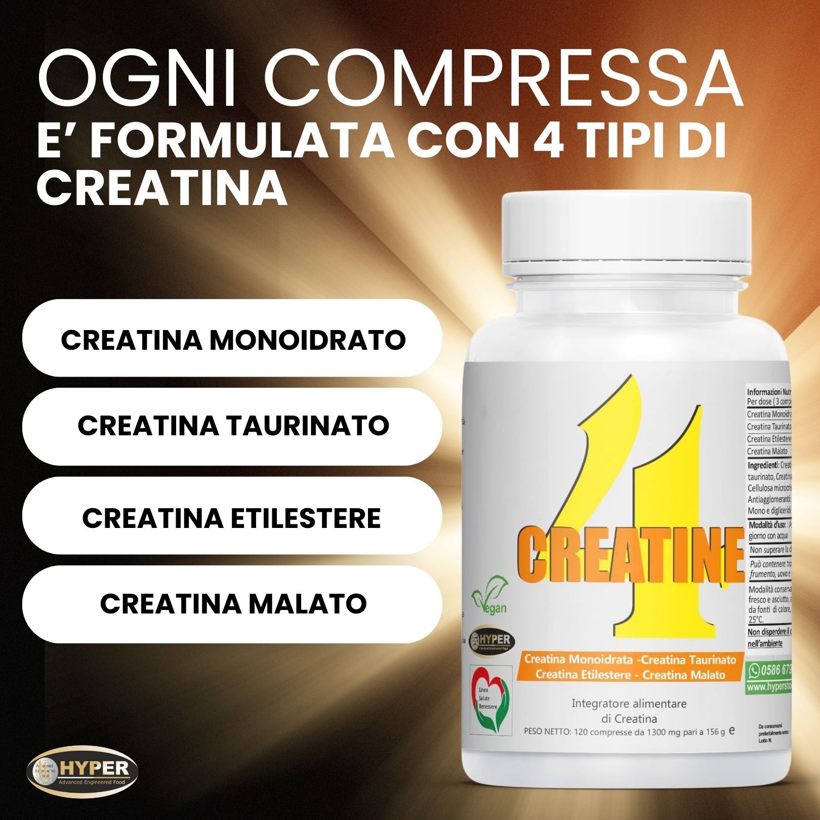 HYPER Four Creatine  Creatina in Compresse  Creatina Monoidrata, Creatina Malato, Creatina Taurinato