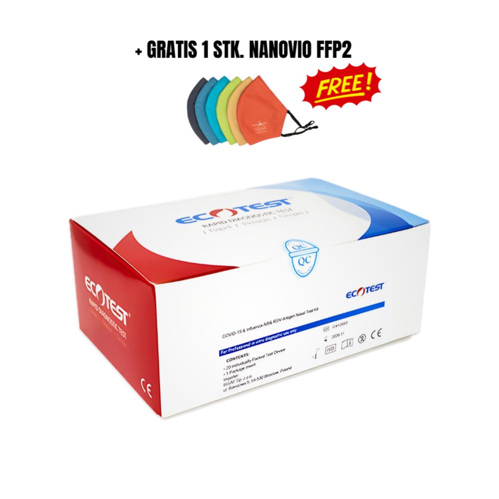 Scatola ECOTEST con scritta e maschera Nanovio FFP2 gratuita. Contiene test COVID-19, Influenza A+B, RSV. CE.
