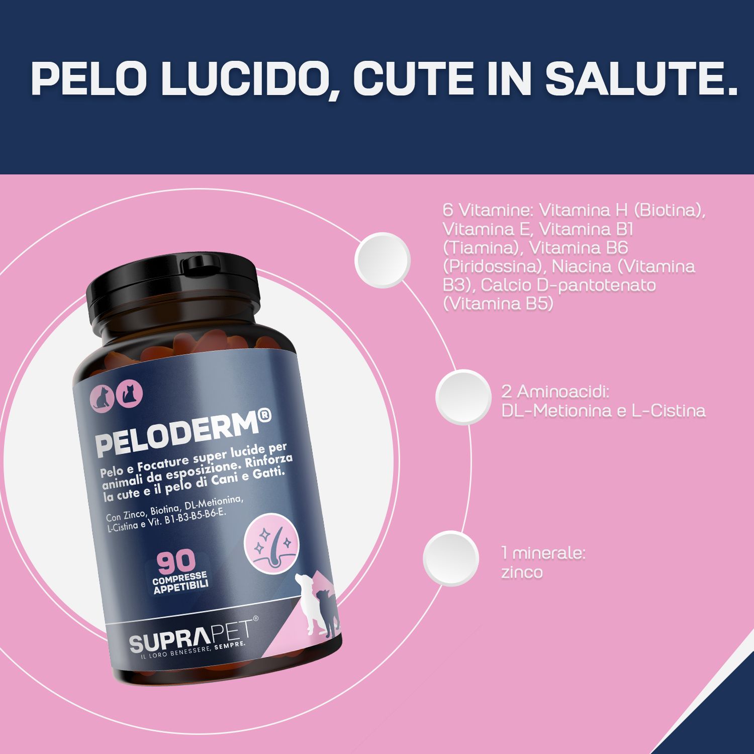 Contenitore marrone da 90 compresse, etichetta con 'Peloderm' e 'Suprapet'.