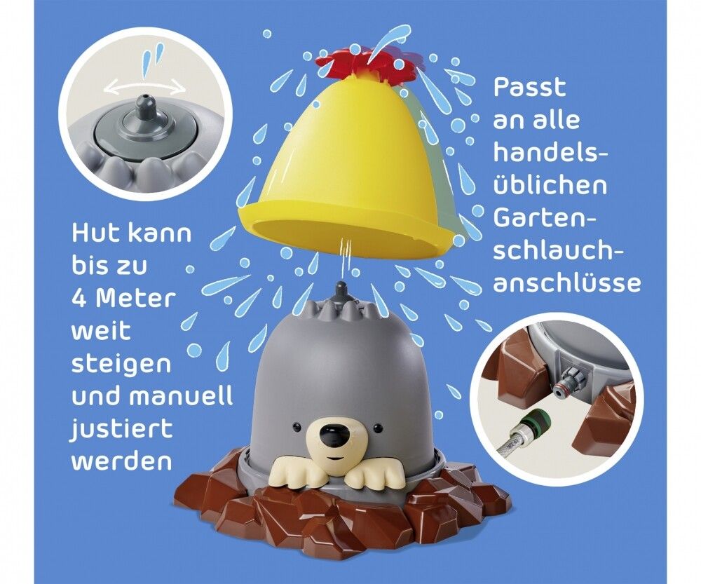 Giocattolo acquatico con design a talpa. Cappello giallo, corpo grigio, base marrone. Testo: Si adatta a tutti i raccordi per tubi da giardino standard.