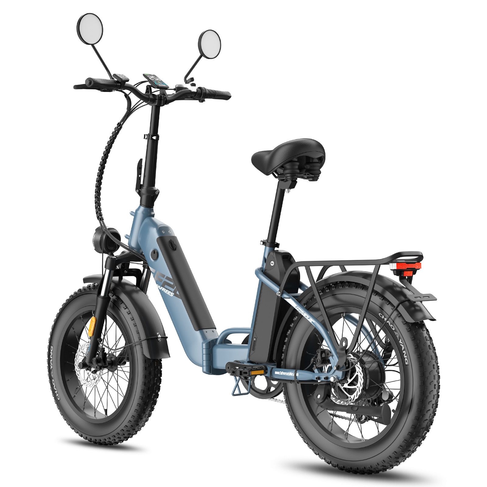 E-bike blu Fafrees FF20 Polar con doppia batteria. Pneumatici, sella e portapacchi neri. Fanale posteriore.