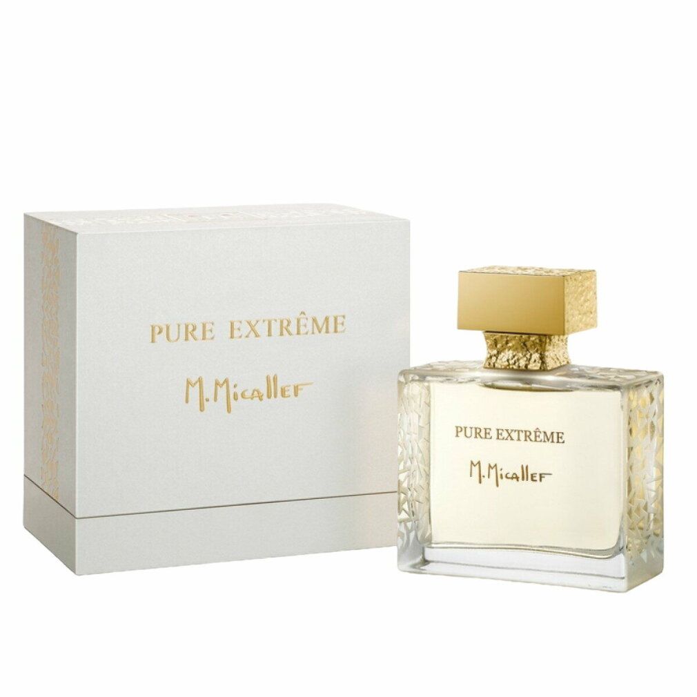 Flacone di profumo e confezione. Flacone con tappo dorato. Confezione con scritta PURE EXTRÊME M.Micallef.