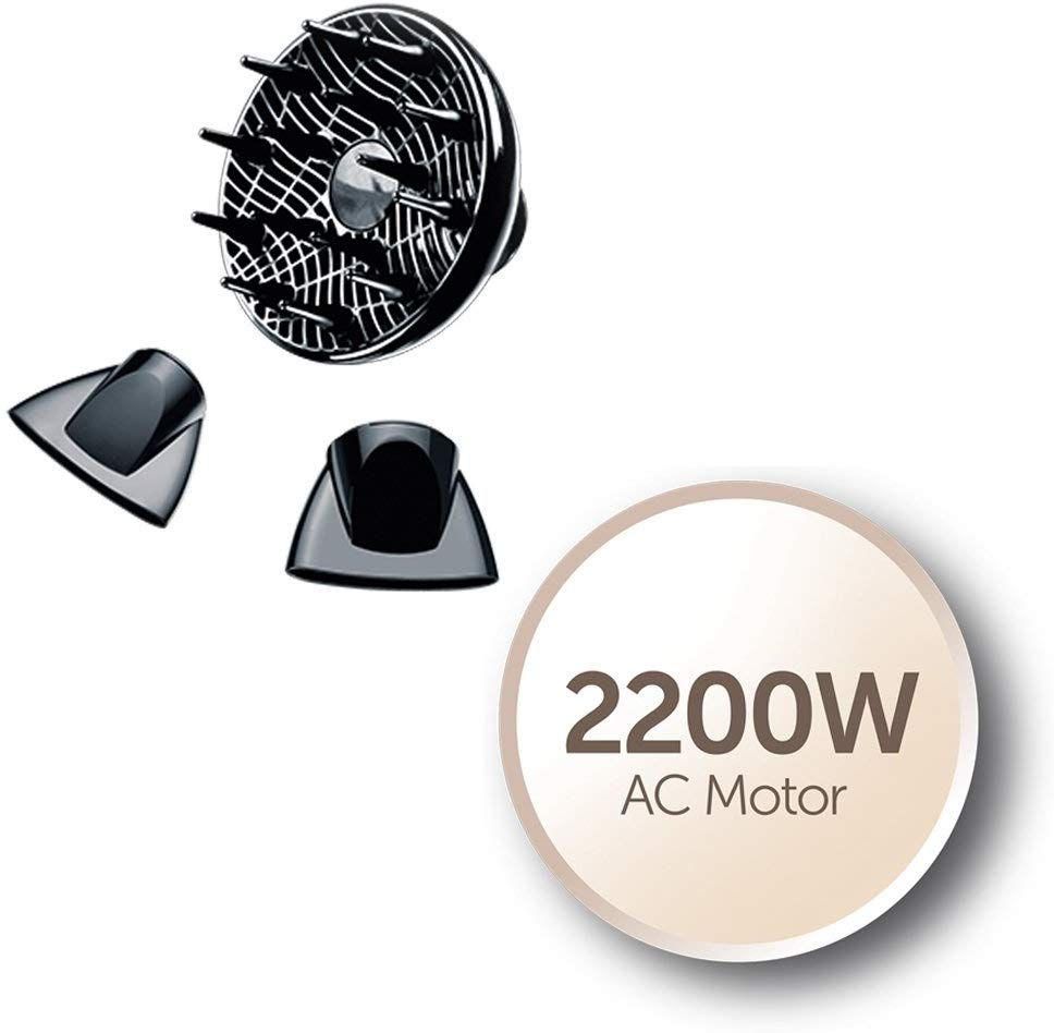Accessori per asciugacapelli: diffusore e due attacchi. Adesivo con la scritta '2200W AC Motor'.