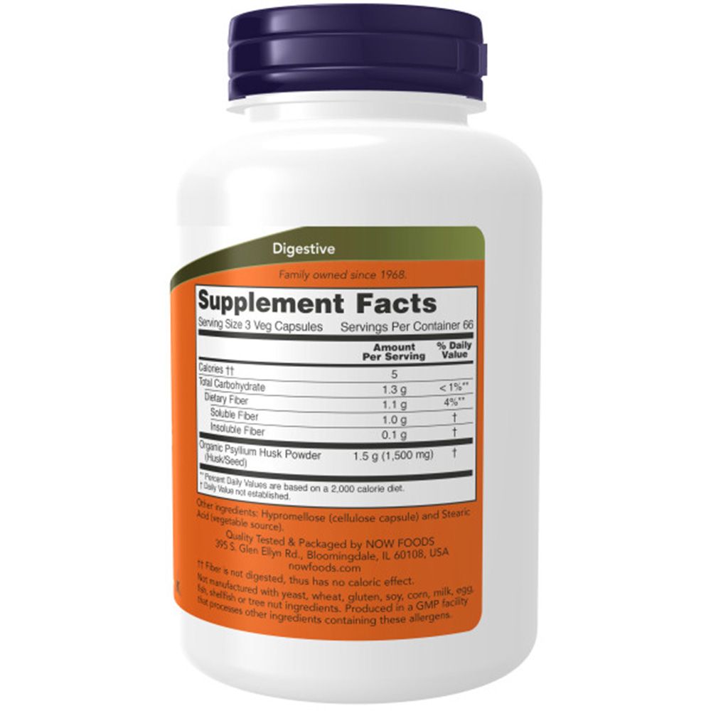 Retro del flacone. Etichetta arancione con informazioni nutrizionali e ingredienti. Testo: NOW, Psyllium Husk Powder.