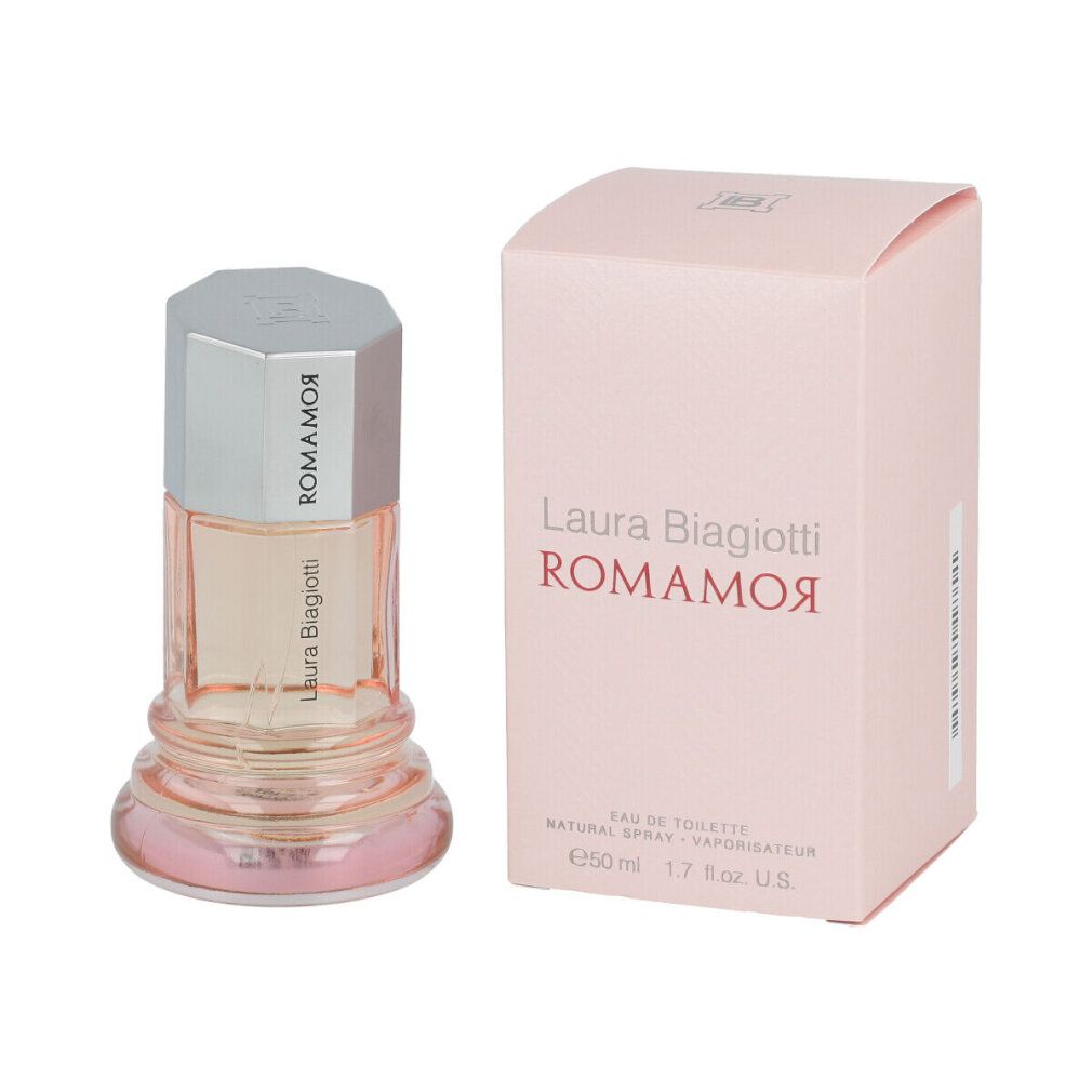 Flacone e confezione rosa. Scritta: Laura Biagiotti, Romamor. Flacone con tappo argentato. Confezione accanto.