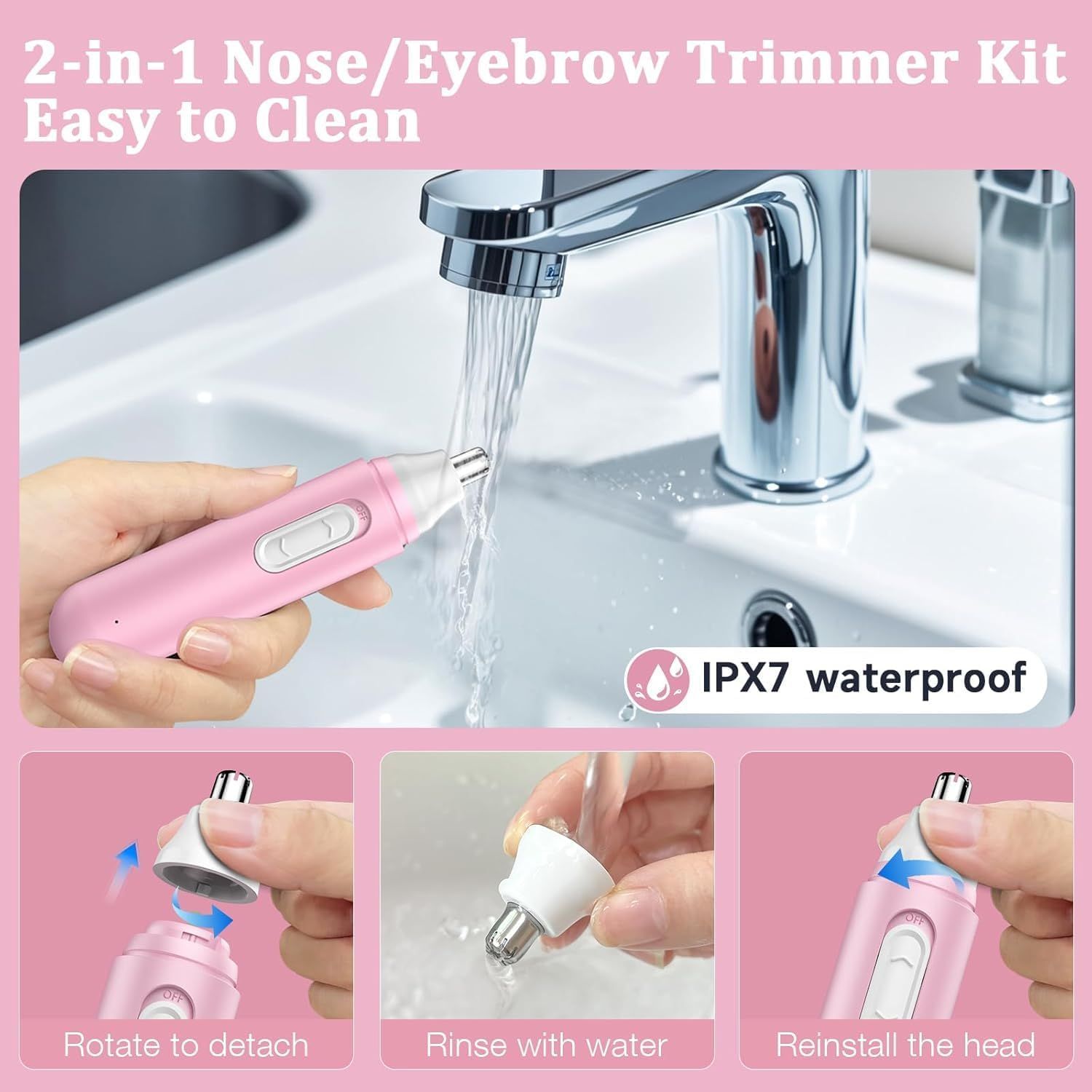 Kit trimmer naso/sopracciglia 2 in 1 rosa. Impermeabile IPX7. Testina del trimmer rimovibile. Risciacquare con acqua. Facile pulizia.