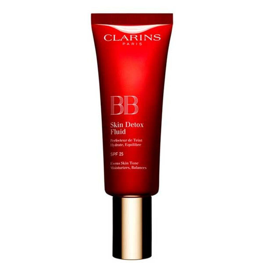 Tubo rosso con tappo dorato. Scritta: BB Skin Detox Fluid SPF25. Marchio: Clarins.