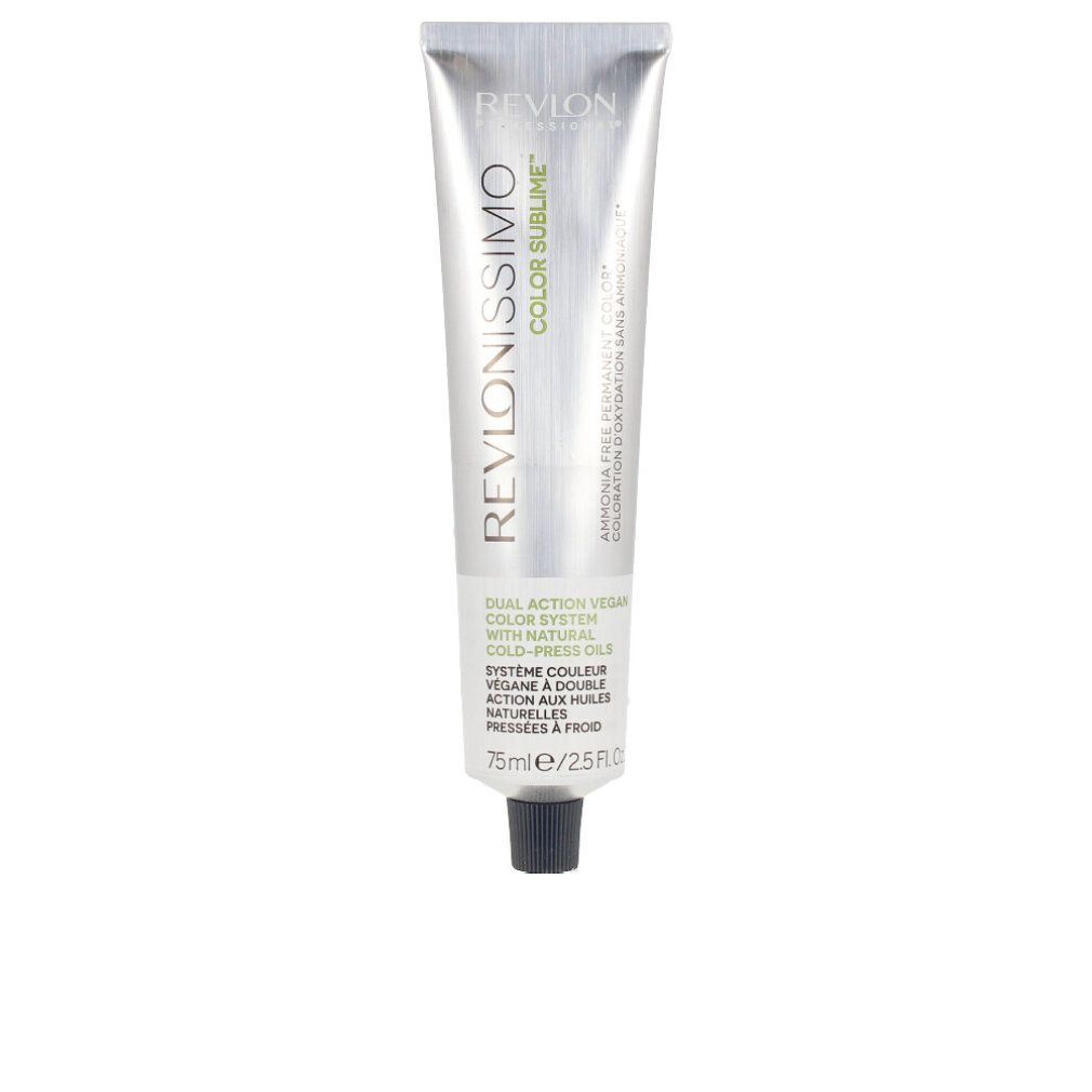 Tubo argentato con tappo nero. Scritta: Revlonissimo Color Sublime. Testo verde e bianco. 75ml/2.5 fl.oz.