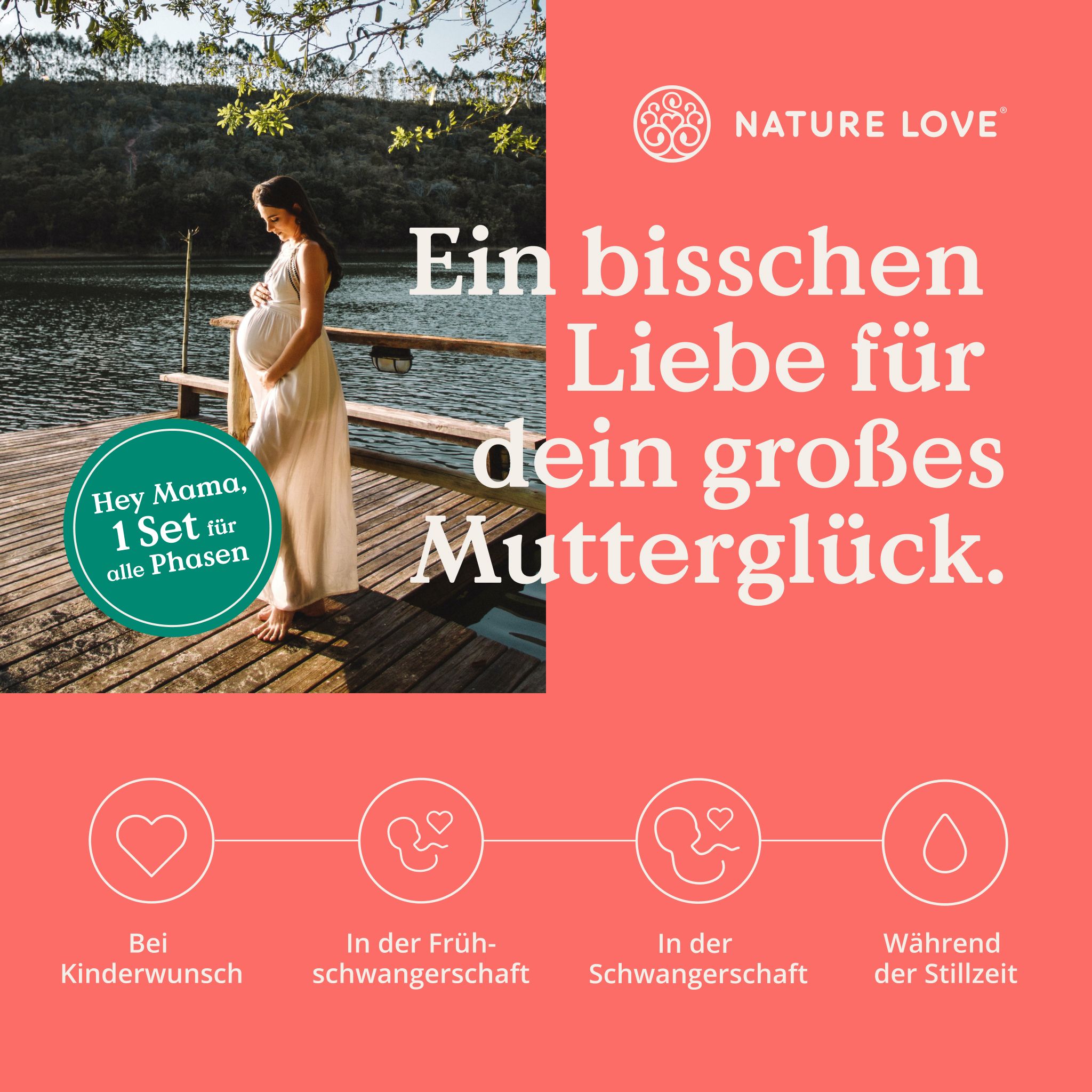 Donna incinta su una passerella. Testo: Hey Mama, 1 set per tutte le fasi. Icone: desiderio di bambino, gravidanza, allattamento.