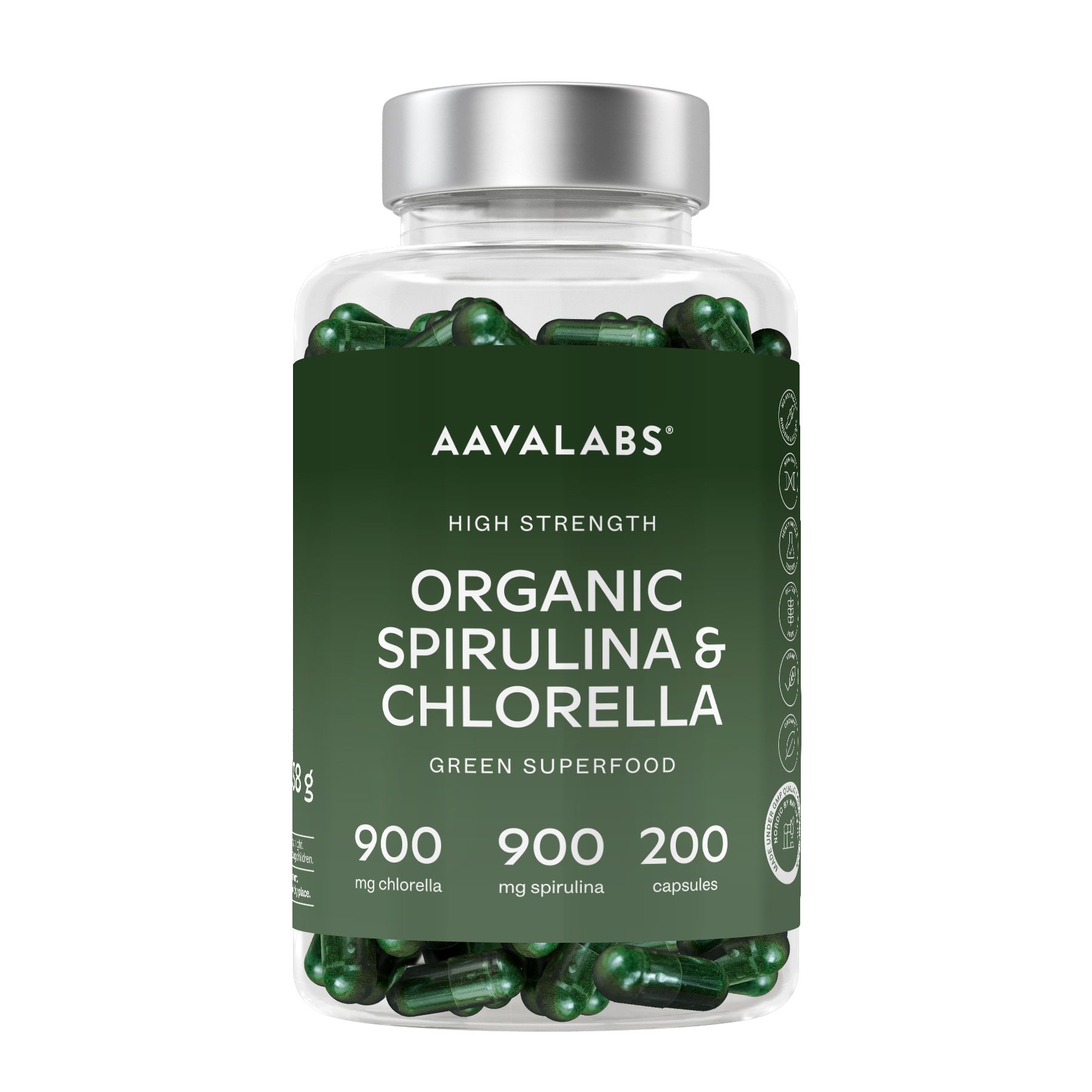 Bottiglia di vetro con capsule verdi. Scritta: Organic Spirulina & Chlorella.