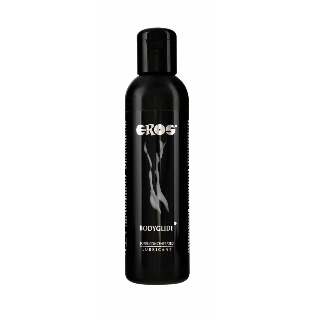 Flacone nero con logo "EROS" e scritta "BODYGLIDE". Lubrificante super concentrato.