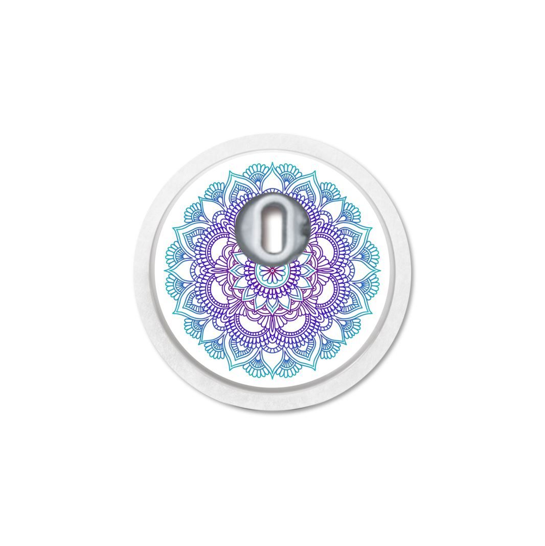 Adesivo rotondo con design mandala e sensore al centro. Sfumatura da blu a viola.